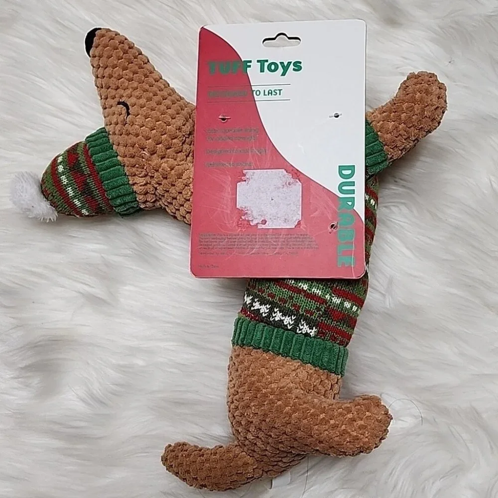 Christmas Plush Squeeker Dog Toy Brown Dog With Red & Green Sweater & Beanie New